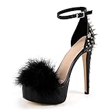 Richealnana Women's Fuzzy Platform Sandals Stiletto Ankle Strap Sexy Dressy Sandals For Women Black SIze8