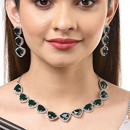Image of ZENEME Rhodium Plated Silver Toned Triangular Shaped American Diamond Studded Jewellery Set For Women and Girl