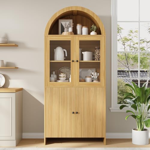 QSOST Buffet vitrine avec Portes en Verre, Meuble de Salon avec Plafond voûté et Motif ondulé,...