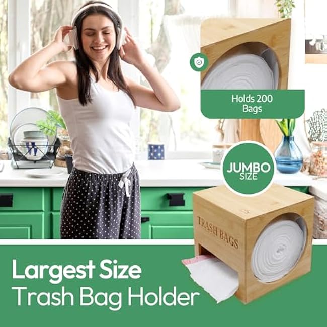Largest Club Size Trash Bag Holder 10x8.25- Dispenser Holds 200 Bags & Regular Size Rolls, Convenient Design, Countertop or Wall-Mounted, Sturdy Bamboo, Easy to Clean