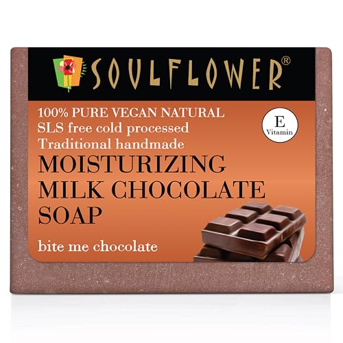 Image of Soulflower Milk Chocolate Soap for Moisturizing Skin, Sunburn, Dark Spots, Blemishes, Handmade, Natural, Cold processed, Cocoa Powder, Cocoa Butter, Vitamin E | 150g