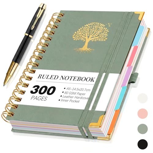 Hardcover Notebook 300 Pages with 5 Removable PVC Dividers and Metal Pen Spiral Bound Perfect for Work Home and School Notes (Green)