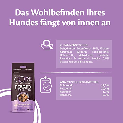 Wellness CORE Reward+ Beruhigung 170g, Ente & Kamille – sanfte Hundeleckerli für alle Hunderassen, getreidefrei, natürlich, hypoallergen, proteinreich, hoher Fleischanteil, beruhigende Unterstützung