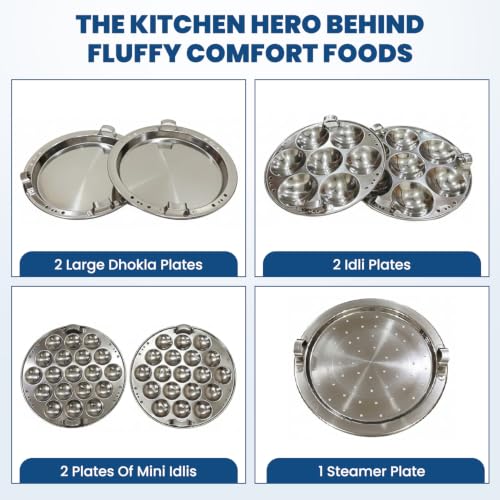 Image of Stainless Steel Multi-Purpose Idli Maker & Steamer for Kitchen | 7 Plates (2 Idli, 2 Mini Idli, 2 Dhokla, 1 Steamer) | Induction & Gas Compatible Multi Kadai | Steamer for Momos, Modak & Vegetables | Heavy Bottom SS 304 | 28cm Idli Maker Dhokla Steamer Momo Cooker, 2 Idli, 2 Dhokla, 2 Mini Idli & 1 Patra Plate, Triply Base