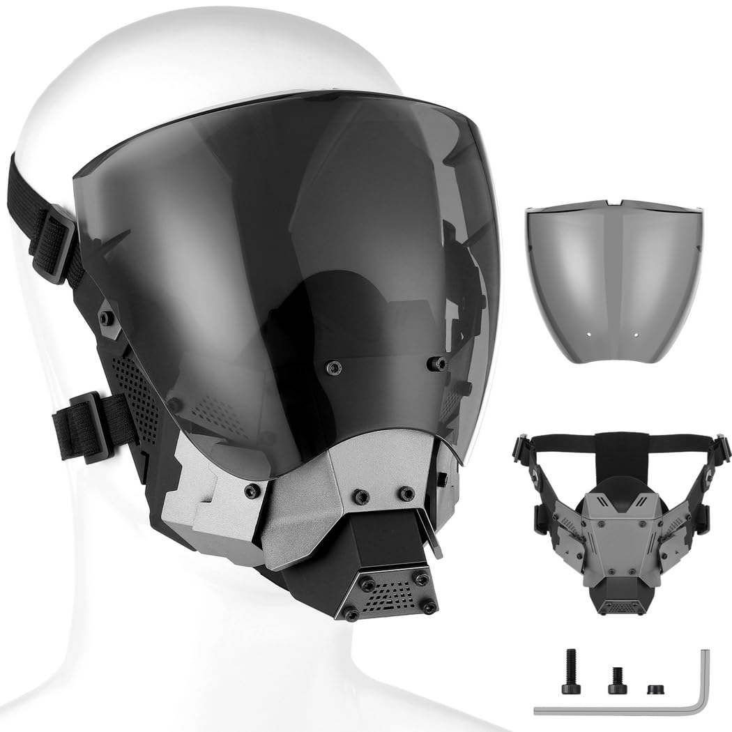 Deskium Cyberpunk Mask for Men, Punk Cosplay Mask with Detachable Lens and Adjustable Straps, Breathable Full Face Mask Set for Halloween, Costume Parties