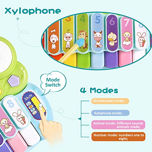 GrowthPic Music Toys Piano Keyboard Xylophone Drum, 3 in 1 Electronic Instrument Learning Baby Toy Xylophone for Kids Musical Table w/ Lights, Boys Girls Toddler 1 2 3 Yr Old Xmas Birthday Gift