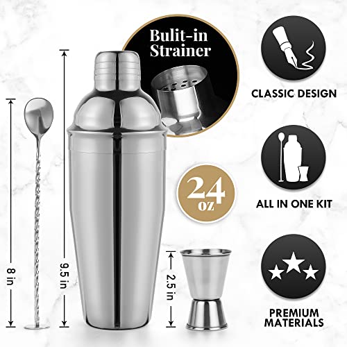 Image of Premium Mixology Cocktail Shaker Set | 4 Piece Bar Tool Set, Silver Bar Set Cocktail Shaker Set for Drink Mixing - Includes Martini Shaker, Jigger, Bar Mixer Spoon + Free Cocktail Recipes | Gift Idea