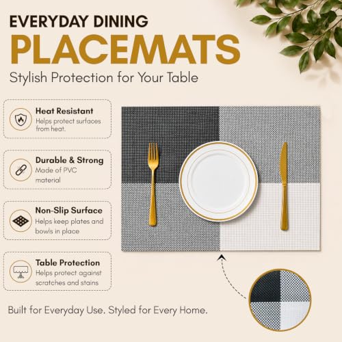 Image of Solitude Set of 4 Dining Table Placemats | Non-Slip PVC Table Mats, Heat Resistant, Washable, Stain-Resistant Surface (Black & White, 45 x 30 cm)