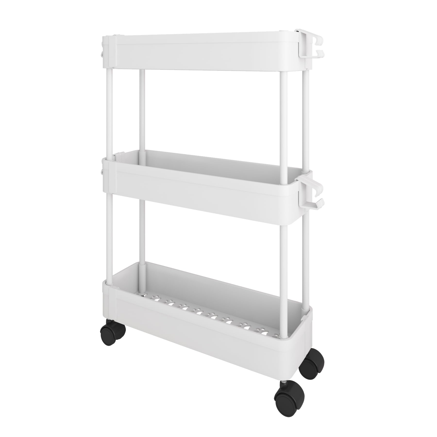 JIUYOTREE 3-Tier Slide Out Storage Trolley, Slim Storage Cart, Narrow Shelf Unit Organiser with Rolling Wheels for Kitchen Bathroom Laundry Room and Narrow Places,White