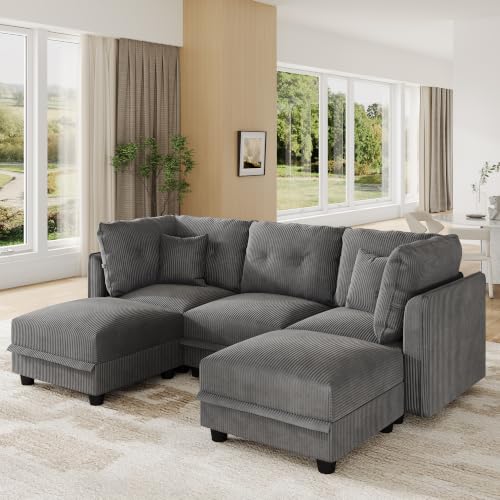 Image of LLappuil Modular Sectional Sofa with Storage, U-Shaped 5-Seat Corduroy Couch with 5 Throw Pillows, Pet-Friendly Convertible Sofa for Small Space, Skin-Friendly, Grey