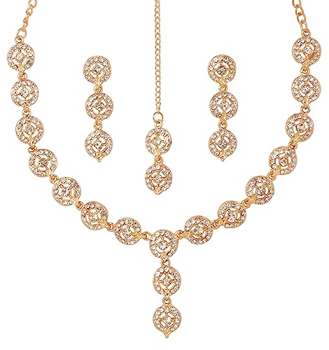 Sunsoul by Touchstone Indian Bollywood Handcrafted Traditional Rhinestone Designer Jewelry Necklace Mangtika Set in Gold Tone for Women.