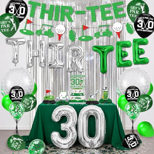 Image of 30th Birthday Decorations for Him, Golf 30th Birthday Decorations for Men Including THIR-TEE Banner Silver Fringe Curtain Golf Themed Honeycomb Centerpieces 30 Foil Balloons