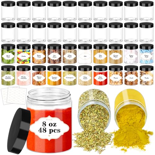 PeacePeo 8 OZ Plastic Jars with Lids Slime Containers with Lids 48 Pcs Airtight Round Plastic Storage Jars Wide-Mouth Containers for Slime Kitchen and Household Food Storage of Dry Goods