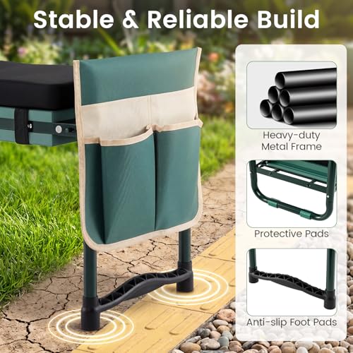Image of 2-in-1 Garden Kneeler and Seat, Folding Garden Seat w /EVA Foam Kneeling Pad & Removable Tools Pouch, Sturdy Steel Frame, No Assembly, Portable Heavy Duty Garden Stool w /Detachable Armrests