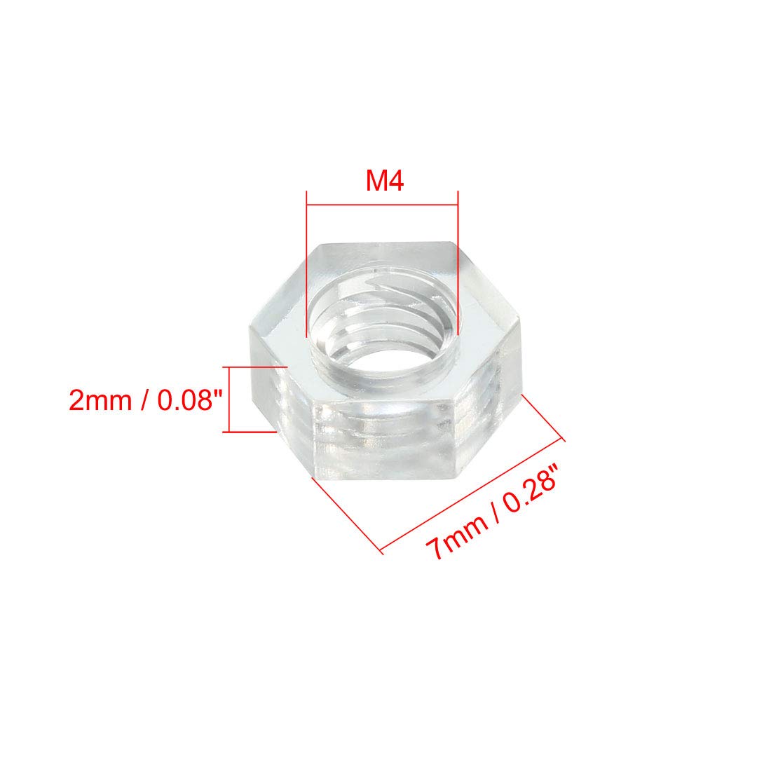 uxcell Nylon Hex Nut, M4x0.7mm Metric Coarse Thread Hexagon Nuts, 100 Pcs (Clear)