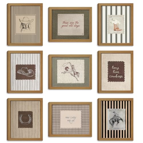 Wow NEW ART Western Vintage Cowboy Wall Art Set of 9,8x10 Inch Unframed | Country Cowboy Canvas Wall Decor Paintings,Striped Rodeo Posters Prints,Retro stamp style for Bedroom Living Room Office Dorm