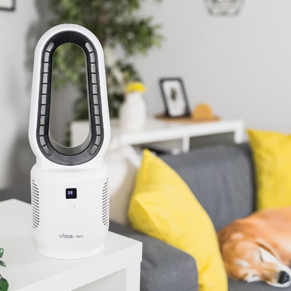 Ufesa Wentylator stołowy bez łopatek Nara, możliwość ponownego ładowania, 10 W, USB‑C, 3 prędkości, wyświetlacz LED, akumulator 2200 mAh, zasilanie z kablem lub bez, szybkie ładowanie, kompaktowy