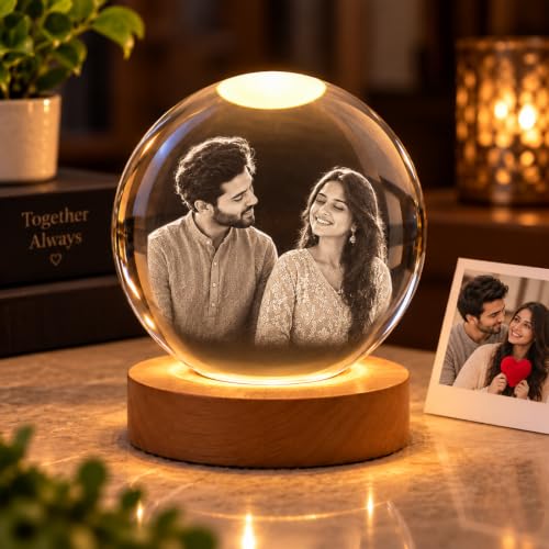 Image of Rangoli Customized Crystal Ball 60mm with Black & White Engraved Photo for Couples Birthday, Wedding Anniversary & Corporate Gifting. Design-6