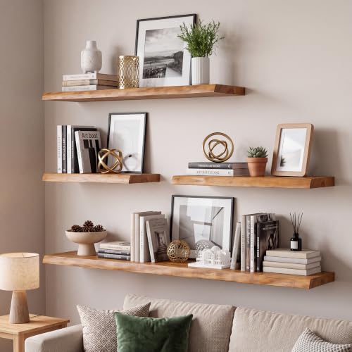 Image of RICHFOCUS Live Edge Elm Floating Shelves - 20 inch W x 9.3 inch D Rustic Solid Wood Wall Shelves with Invisible Bracket, Wall-Mounted for Living Room, Bedroom, Kitchen Storage & Display, Set of 2, Natural