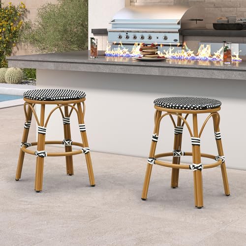 Image of PURPLE LEAF Patio French Round 26 inch Counter Stool Set of 2 Large Rattan Backless Stackable Barstools Bamboo Print Aluminum Frame Footrest with Woven Wicker for Outdoor Kitchen Yard Black
