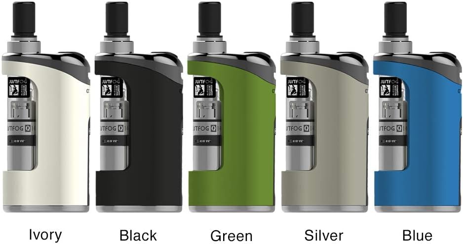 Justfog Compact 14 Kit E-cigarette devices in various colors: ivory, black, green, silver, blue.