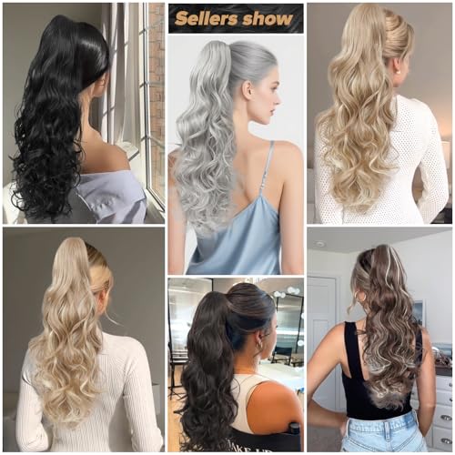 Image of 24 inch Ponytail Extension, Long Curly Wavy Claw Clip and Natural-Looking Synthetic Hairpiece, Voluminous Pony TailHair Extensions for Women Daily Wear. (Medium Blonde With Beige Highlight, 24Inch)