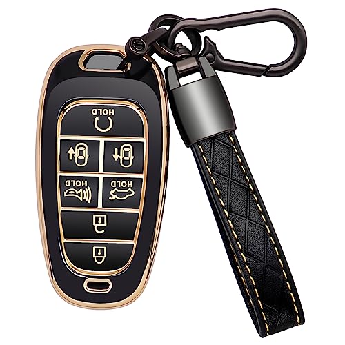 Kespevn for Hyundai Key Fob Cover 7 Button with Leather Keychain Soft TPU 360 Degree Protection Car Key Case Shell Holder Fits for 2023 2022 2021 2020 Hyundai Sonata Santa fe Tucson Black