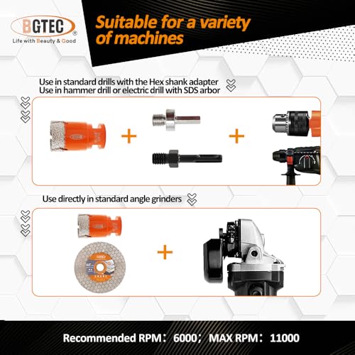 Image of BGTEC Diamond Hole Saw Kit - 12PCS 6 /6 /8 /19 /35 /50 /65mm Drill Bits+20mm Milling Finger Bit+50mm Chamfering Bit+SDS /HEX+115mm Tile Blade for Porcelain Tile Ceramic Granite Marble Stoneware