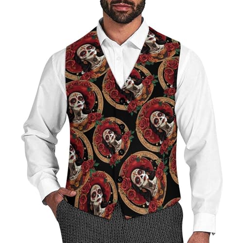 Day of The Dead Rose Skull Goth Men's Suit Vests Business Formal Dress Vest V-Neck Waistcoat for Wedding Casual