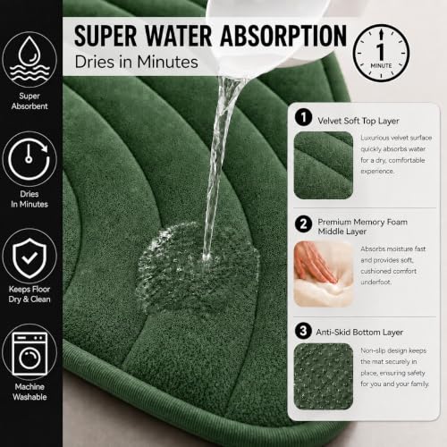 Image of Premium Memory Foam Bath Mat | 40x60cm Super Absorbent Velvet Bathroom Rug | Non-Slip Machine Washable Floor Mat (Forest Green)