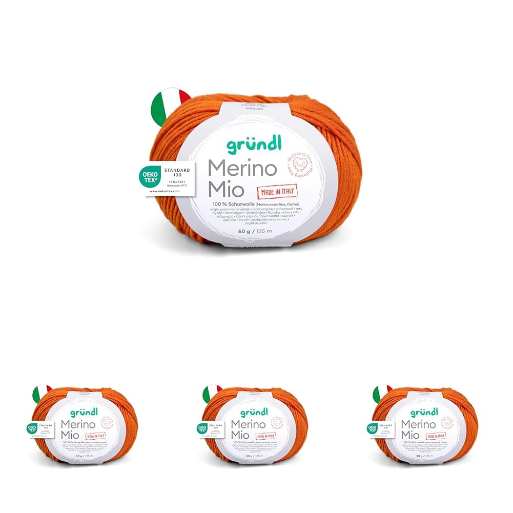 Gründl Wolle Merino Mio - weiche Merinowolle zum Stricken und Häkeln - Kuschelig und hautfreundlich - 100% Schurwolle (Merino extrafein) - 1 Knäuel - 50 g / 125 m - Nadelstärke 3-4 - orange