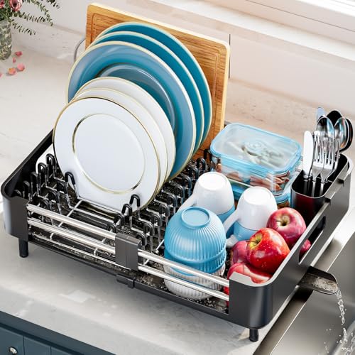 Urackify Stainless Steel Dish Drying Rack - Dish Drainer for Kitchen Counter, Extendable Drainboard with Foldable, Space-Saving Cup & Bowl Organizer, Includes Knife and Utensil Holder, Black