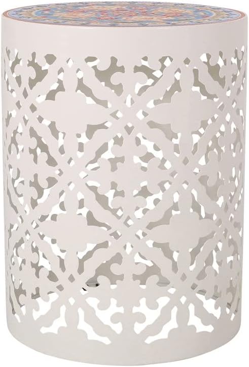 Noble House Castana Outdoor Lace Cut Side Table with Tile Top in White