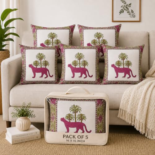 Image of Cotton Cushion Covers 16x16 Inch - Hand Block Floral Print Pillow Covers for Sofa, Couch & Bedroom (Pack of 5) (Pink White)