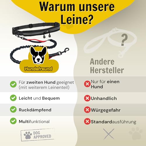 Hundefreund Joggingleine mit Bauchgurt Schwarz | Laufleine Elastisch Ruckdämpfend Reflektierend für Mittelgroße und Große Hunde bis 70 kg | Freie Hände zum Joggen Laufen Radfahren Wandern