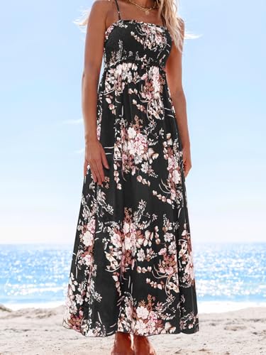 Image of CUPSHE Women's Floral Maxi Dress Spaghetti Strap Summer Boho Beach Dress Smocked Sundress Casual Vacation Flowy Long Dress