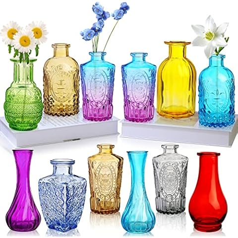 Colored Glass Bud Vase Set of 12,Small Vintage Bud Vases in Bulk,Mini Decor Vintage Vase for Centerpiece, Office, Garden, Home, Wedding Party Cover