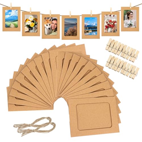 Larrel 20 Stück Papier Bilderrahmen, 15,5 x 11,5 cm Papier Fotorahmen Braun Bilderrahmen mit Holzklammern Klein & Hanfseil BilderrahmenPappe für Hängende DIY Geburtstag Hochzeit Party Wand Dekoration