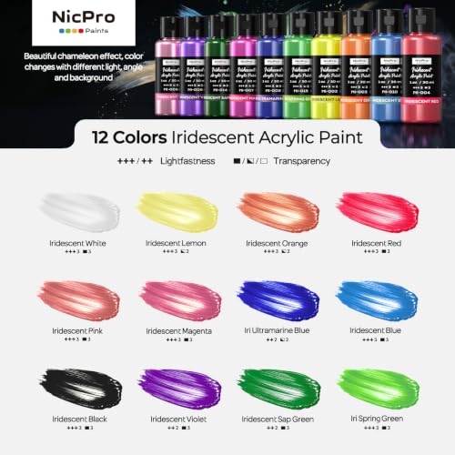 Image of Nicpro 12 Colors Iridescent Acrylic Paint Set,1oz Chameleon Metallic Paint | Color Shifting Glitter Craft Paint, Non-Toxic DIY Art Painting Supplies,Paint Kit for Canvas Rocks Wood Glass Ceramic Fabric