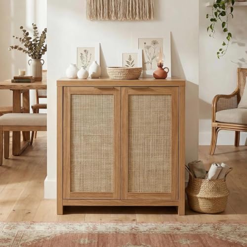 Image of OAKHAM HOME Rattan Sideboard Cabinet with Storage, Natural Oak | Buffet Cabinet with 2 Soft-Close Doors, Adjustable Shelves and 110 lbs Top, For Living Room, Kitchen, Entryway