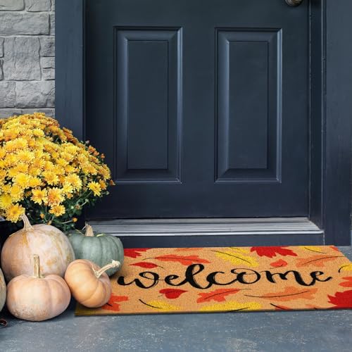 Tinideya Fall Welcome Door Mat Outdoor Autumn Maple Leaves Doormats 17 x 29 Inch Orange Imitation Coir Entryway Rugs Harvest Thanksgiving Mat for Fron