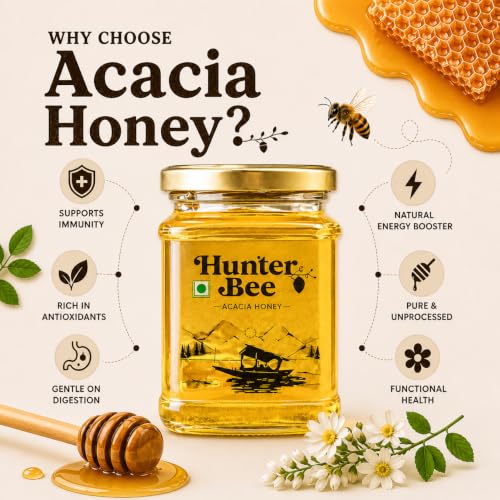 Image of Hunter Bee Kashmir Acacia Honey 340 g | Raw & Pure Natural Honey | Unprocessed Honey | No Added Sugar | Authentic Acacia Honey | Premium Natural Sweetener for Daily Use