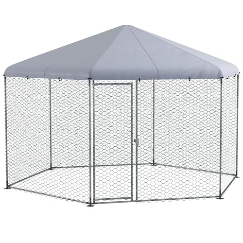 PawHut Walk in Chicken Run Outdoor Poultry Cage Galvanised Chicken Coop with Cover for 10-15 Chickens, Hens, Ducks, Rabbits, 4 x 3.5 x 2.6m, Silver Tone