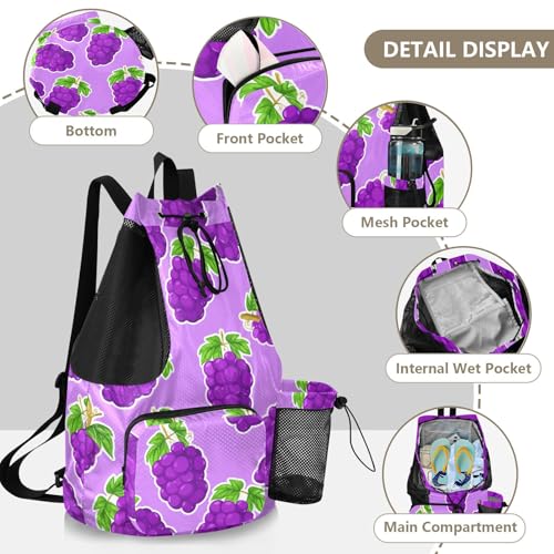 Cartoon Grape Cluster Drawstring Gym Backpack for Men Women Pull String Sports Swim Bag with Mesh Pocket & Adjustable Strap Beach Backpack for Outdoor Travel Swimming3