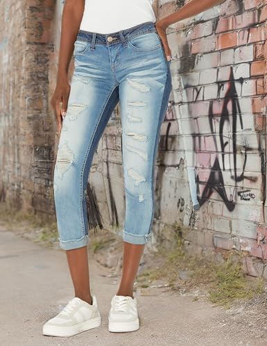 dollhouse Women's Size Plus Denim Cuffed Jeans with Heavy Destruction3