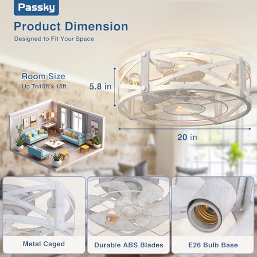 Image of Passky 20 inch Farmhouse Flush Mount Ceiling Fans with Lights and Remote, Industrial White Caged Low Profile Fandelier, 6 Speeds Bladeless Ceiling Fan for Bedroom, Kitchen, Living Room