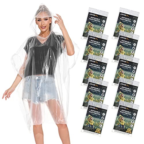 APEXUP Disposable Rain Ponchos for Adults, Emergency Rain Poncho for Camping Hiking Travelling Clear 10 Pack