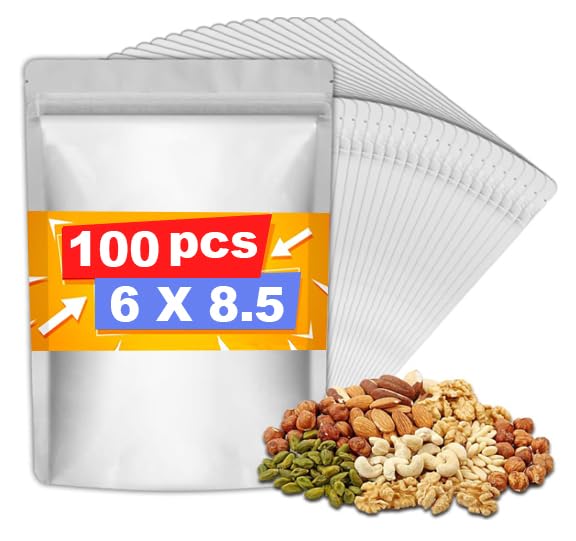 DOTUHAO 100 Pack Mylar Bags for Food Storage, 6" X 8.5" Foil Bags, Reusable Food Storage Bags, Freshie Bags, Stand-Up Zipper Pouches Resealable for