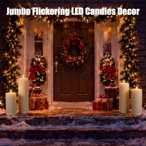 Image of Rossesay 8 inch 10 inch 12 inch 14 inch X 4 inch Large Waterproof Outdoor Flameless Candle, 4 Pcs LED Pillar Candle with Remote and Timer Battery Operated Jumbo Flickering for Halloween Xmas Church(Ivory White, Retro)