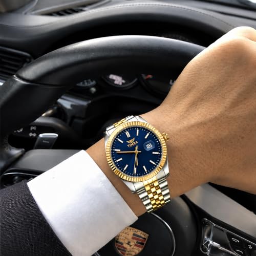Image of Classic Blue Dial Quartz Watch for Men with Stainless Steel Two Tone Bracelet (Silver-Golden), Magnified Date Window & Water Resistant Build